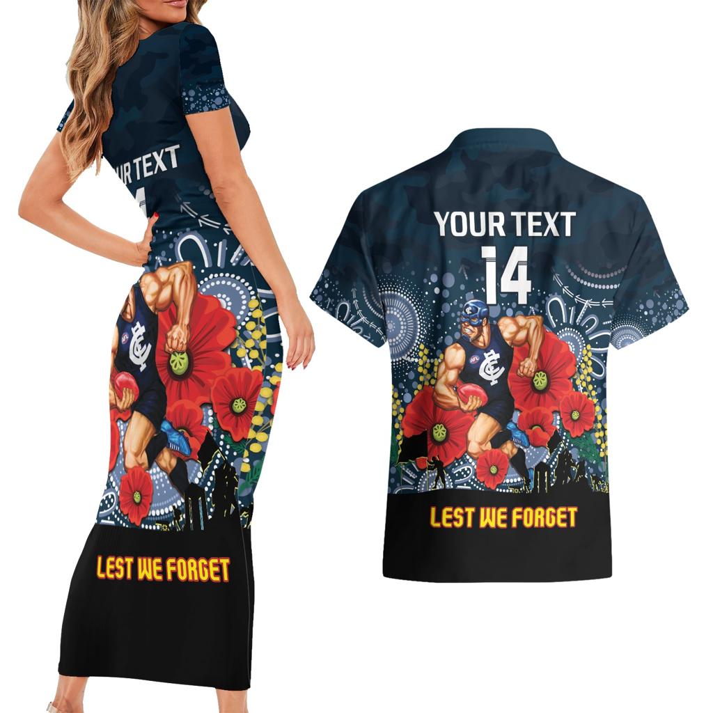 Custom Blues Football ANZAC Couples Matching Short Sleeve Bodycon Dress and Hawaiian Shirt Gallipoli Camouflage With Poppies