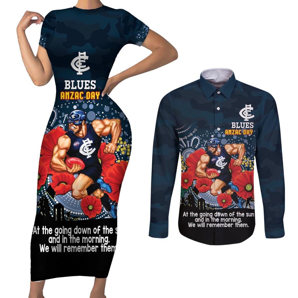 Custom Blues Football ANZAC Couples Matching Short Sleeve Bodycon Dress and Long Sleeve Button Shirt Gallipoli Camouflage With Poppies
