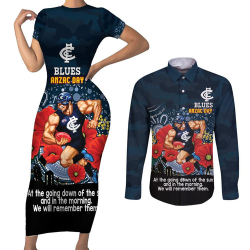 Custom Blues Football ANZAC Couples Matching Short Sleeve Bodycon Dress and Long Sleeve Button Shirt Gallipoli Camouflage With Poppies
