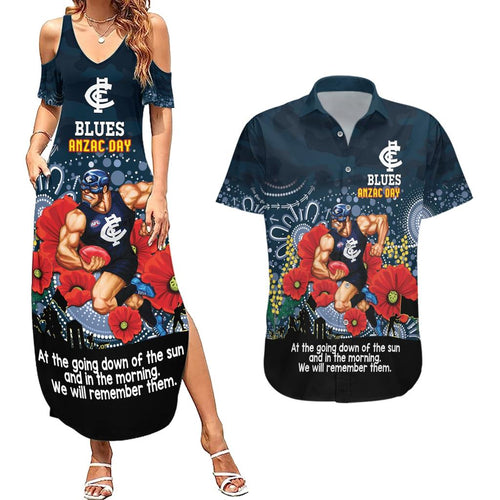 Custom Blues Football ANZAC Couples Matching Summer Maxi Dress and Hawaiian Shirt Gallipoli Camouflage With Poppies