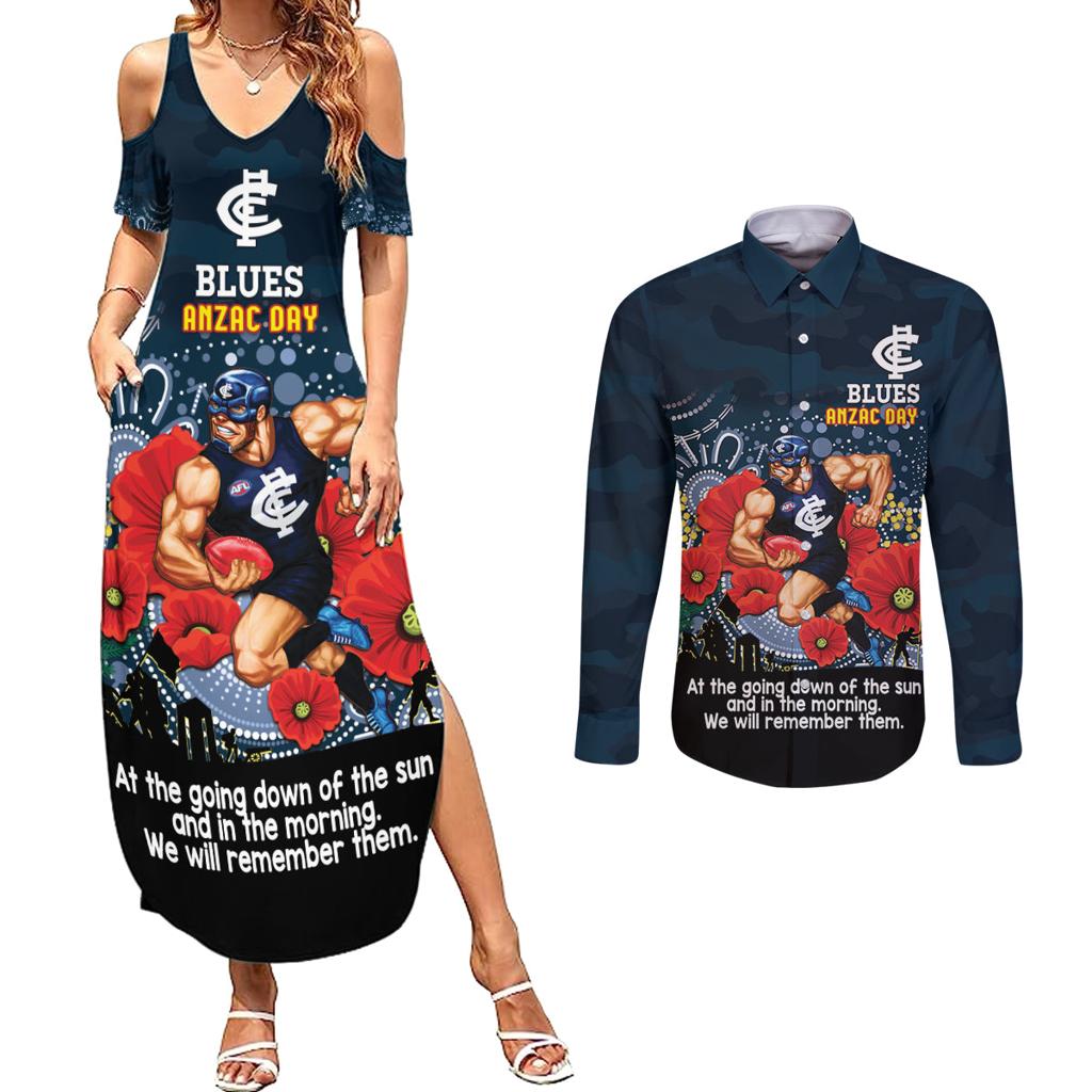 Custom Blues Football ANZAC Couples Matching Summer Maxi Dress and Long Sleeve Button Shirt Gallipoli Camouflage With Poppies