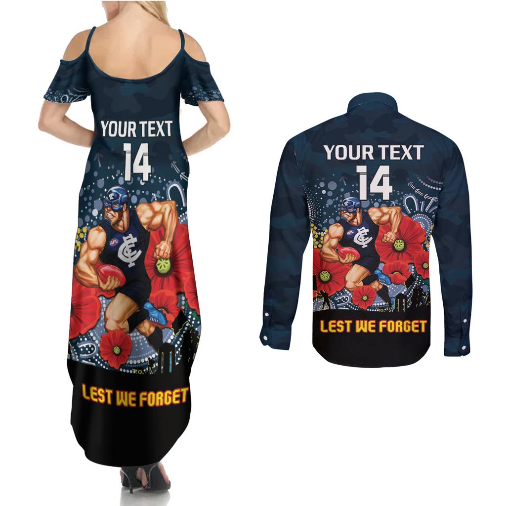 Custom Blues Football ANZAC Couples Matching Summer Maxi Dress and Long Sleeve Button Shirt Gallipoli Camouflage With Poppies