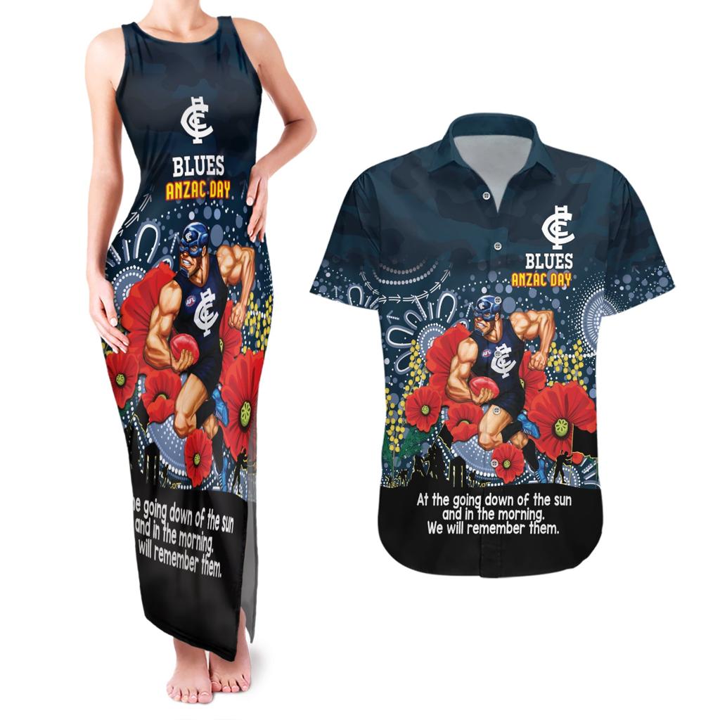 Custom Blues Football ANZAC Couples Matching Tank Maxi Dress and Hawaiian Shirt Gallipoli Camouflage With Poppies