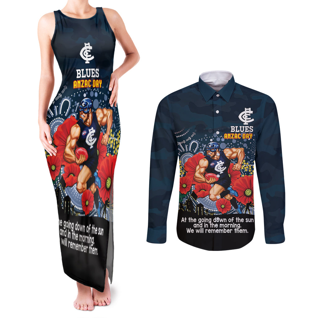 Custom Blues Football ANZAC Couples Matching Tank Maxi Dress and Long Sleeve Button Shirt Gallipoli Camouflage With Poppies