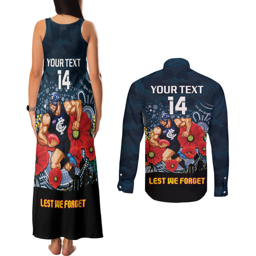 Custom Blues Football ANZAC Couples Matching Tank Maxi Dress and Long Sleeve Button Shirt Gallipoli Camouflage With Poppies