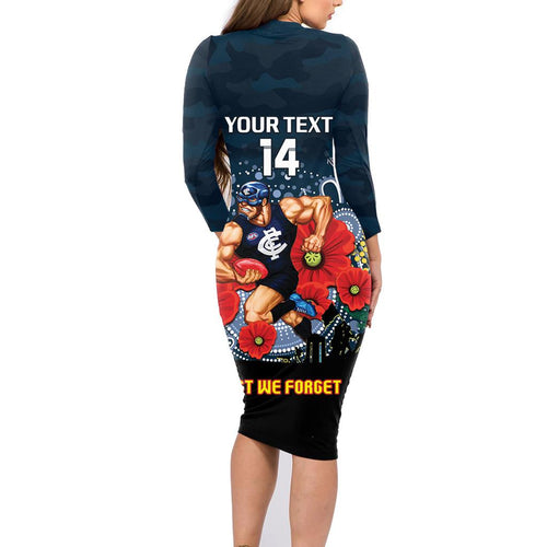 Custom Blues Football ANZAC Family Matching Long Sleeve Bodycon Dress and Hawaiian Shirt Gallipoli Camouflage With Poppies