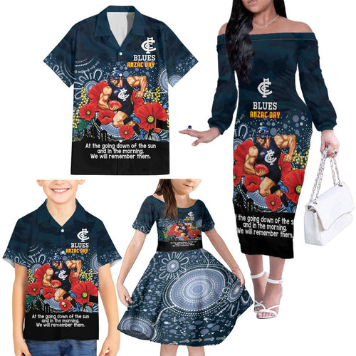 Custom Blues Football ANZAC Family Matching Off Shoulder Long Sleeve Dress and Hawaiian Shirt Gallipoli Camouflage With Poppies