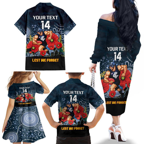 Custom Blues Football ANZAC Family Matching Off Shoulder Long Sleeve Dress and Hawaiian Shirt Gallipoli Camouflage With Poppies