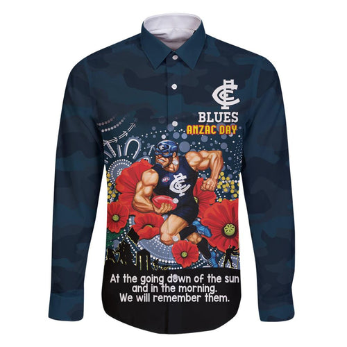 Custom Blues Football ANZAC Family Matching Off Shoulder Long Sleeve Dress and Hawaiian Shirt Gallipoli Camouflage With Poppies