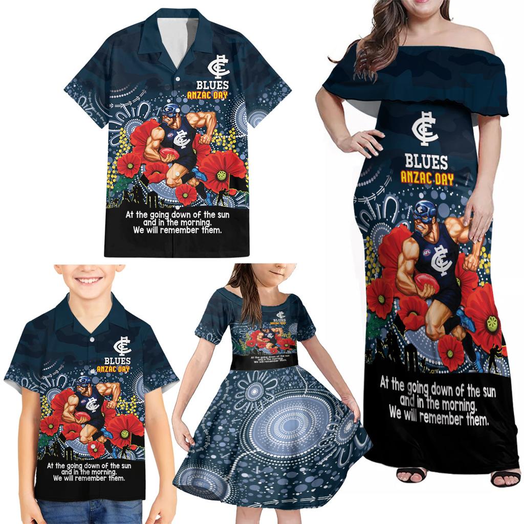 Custom Blues Football ANZAC Family Matching Off Shoulder Maxi Dress and Hawaiian Shirt Gallipoli Camouflage With Poppies