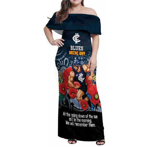 Custom Blues Football ANZAC Family Matching Off Shoulder Maxi Dress and Hawaiian Shirt Gallipoli Camouflage With Poppies