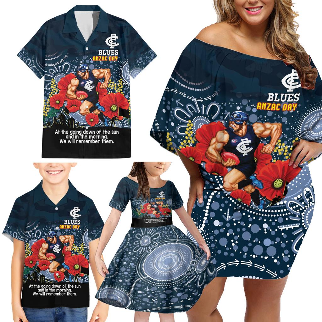 Custom Blues Football ANZAC Family Matching Off Shoulder Short Dress and Hawaiian Shirt Gallipoli Camouflage With Poppies