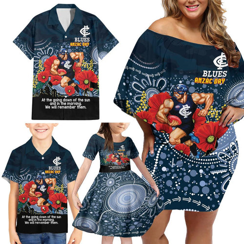 Custom Blues Football ANZAC Family Matching Off Shoulder Short Dress and Hawaiian Shirt Gallipoli Camouflage With Poppies
