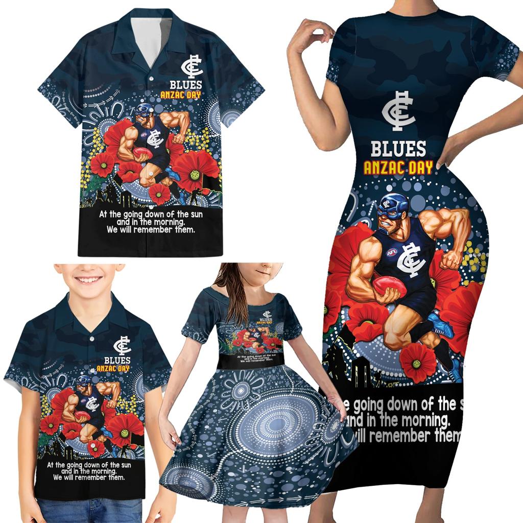 Custom Blues Football ANZAC Family Matching Short Sleeve Bodycon Dress and Hawaiian Shirt Gallipoli Camouflage With Poppies