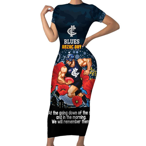 Custom Blues Football ANZAC Family Matching Short Sleeve Bodycon Dress and Hawaiian Shirt Gallipoli Camouflage With Poppies