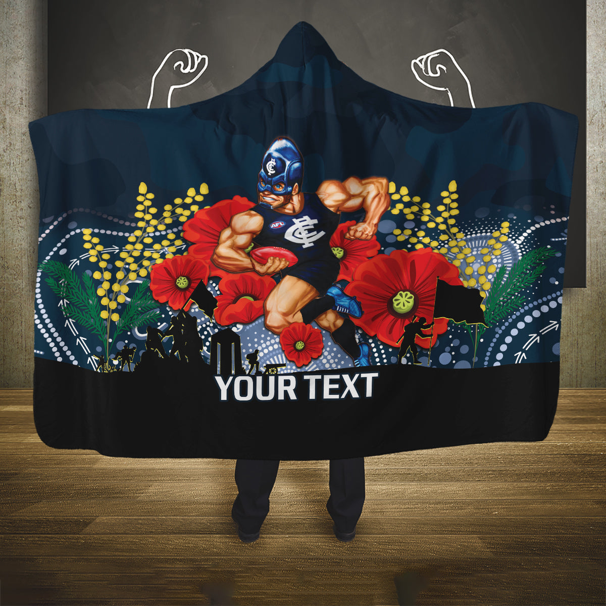 Custom Blues Football ANZAC Hooded Blanket Gallipoli Camouflage With Poppies