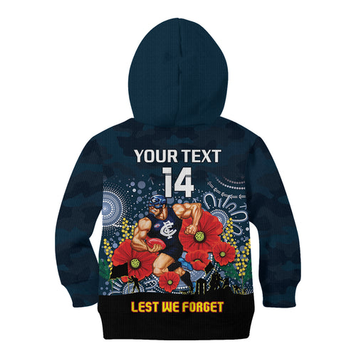 Custom Blues Football ANZAC Kid Hoodie Gallipoli Camouflage With Poppies