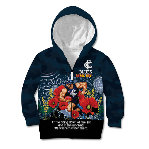 Custom Blues Football ANZAC Kid Hoodie Gallipoli Camouflage With Poppies