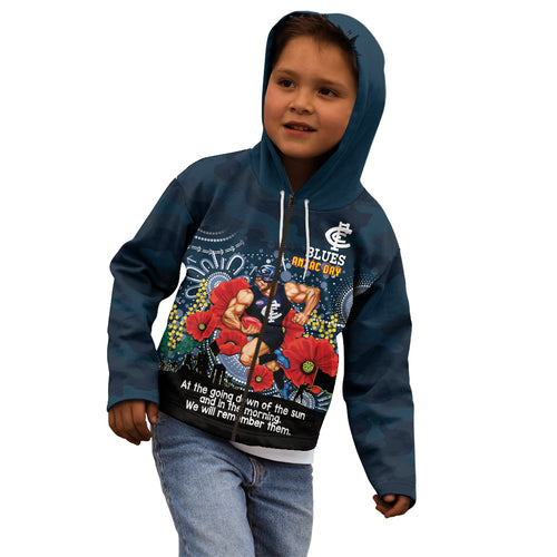Custom Blues Football ANZAC Kid Hoodie Gallipoli Camouflage With Poppies