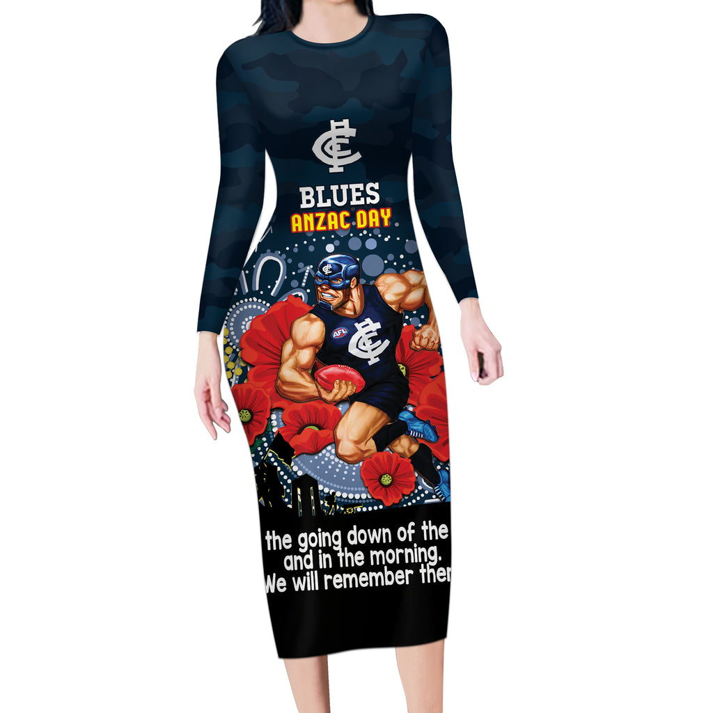 Custom Blues Football ANZAC Long Sleeve Bodycon Dress Gallipoli Camouflage With Poppies