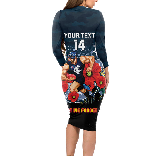 Custom Blues Football ANZAC Long Sleeve Bodycon Dress Gallipoli Camouflage With Poppies