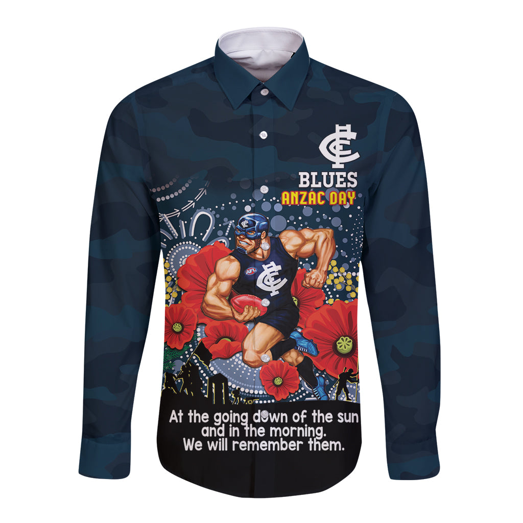 Custom Blues Football ANZAC Long Sleeve Button Shirt Gallipoli Camouflage With Poppies