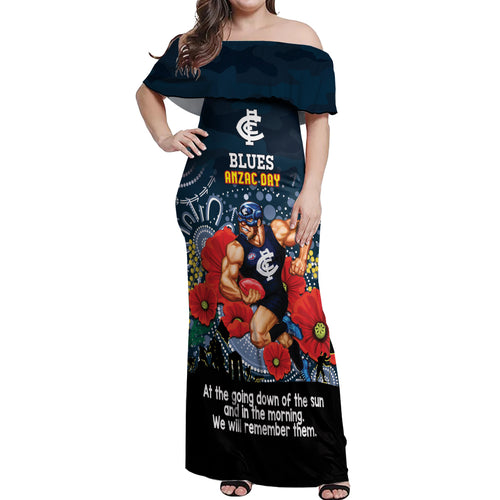 Custom Blues Football ANZAC Off Shoulder Maxi Dress Gallipoli Camouflage With Poppies