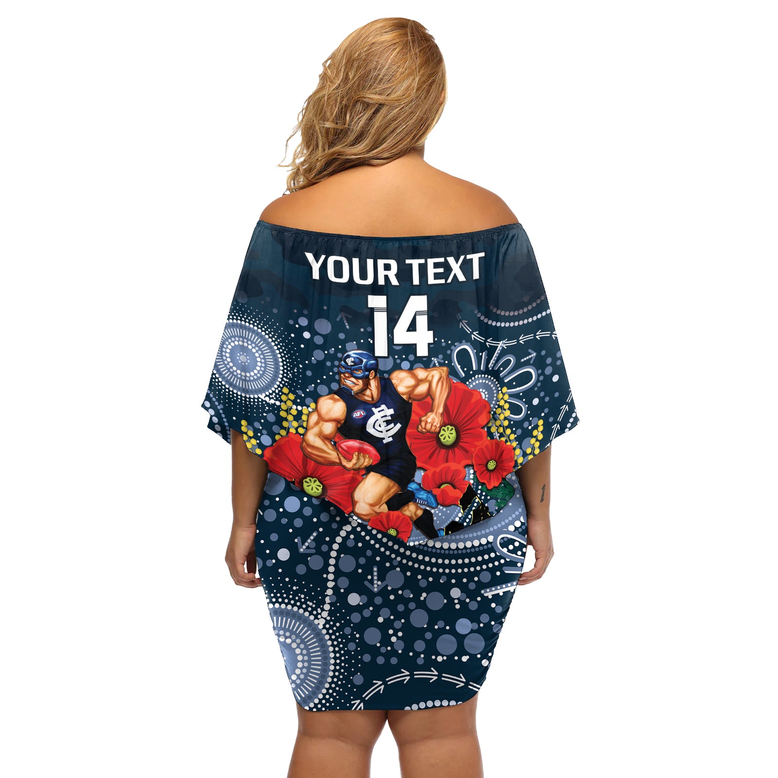 Custom Blues Football ANZAC Off Shoulder Short Dress Gallipoli Camouflage With Poppies