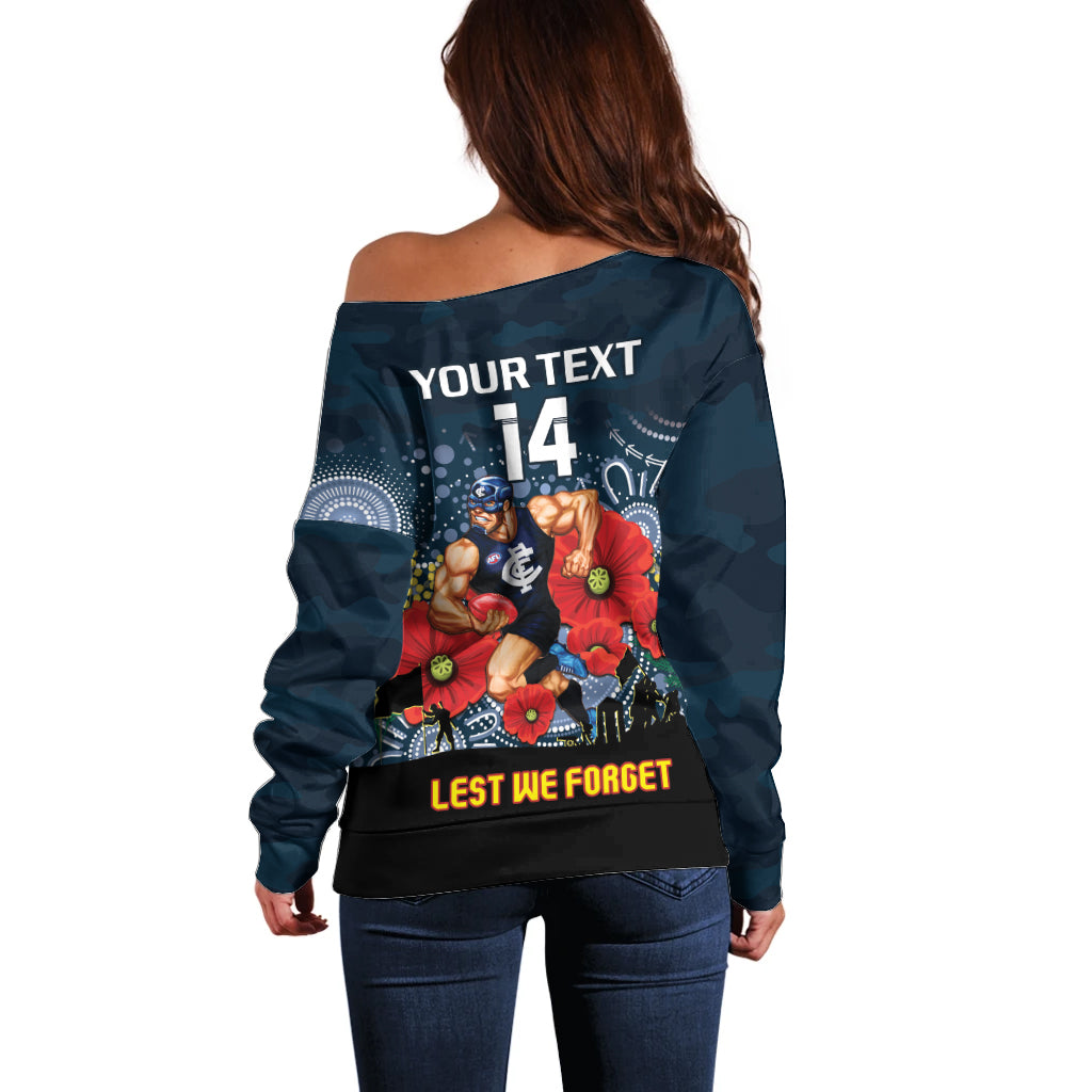 Custom Blues Football ANZAC Off Shoulder Sweater Gallipoli Camouflage With Poppies