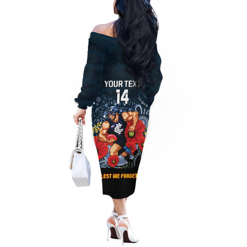 Custom Blues Football ANZAC Off The Shoulder Long Sleeve Dress Gallipoli Camouflage With Poppies