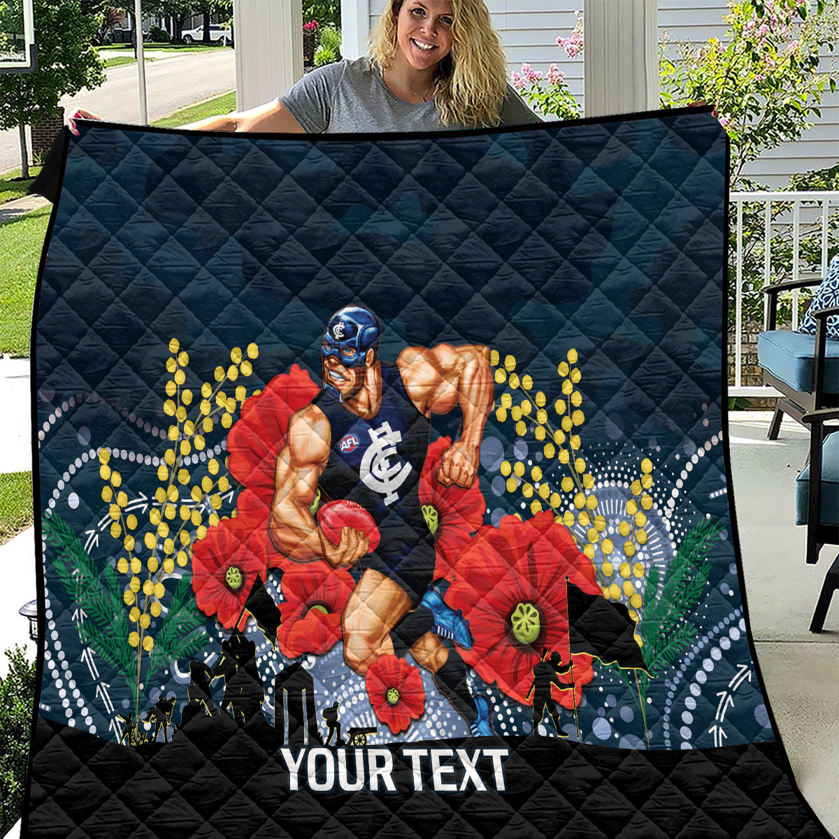Custom Blues Football ANZAC Quilt Gallipoli Camouflage With Poppies