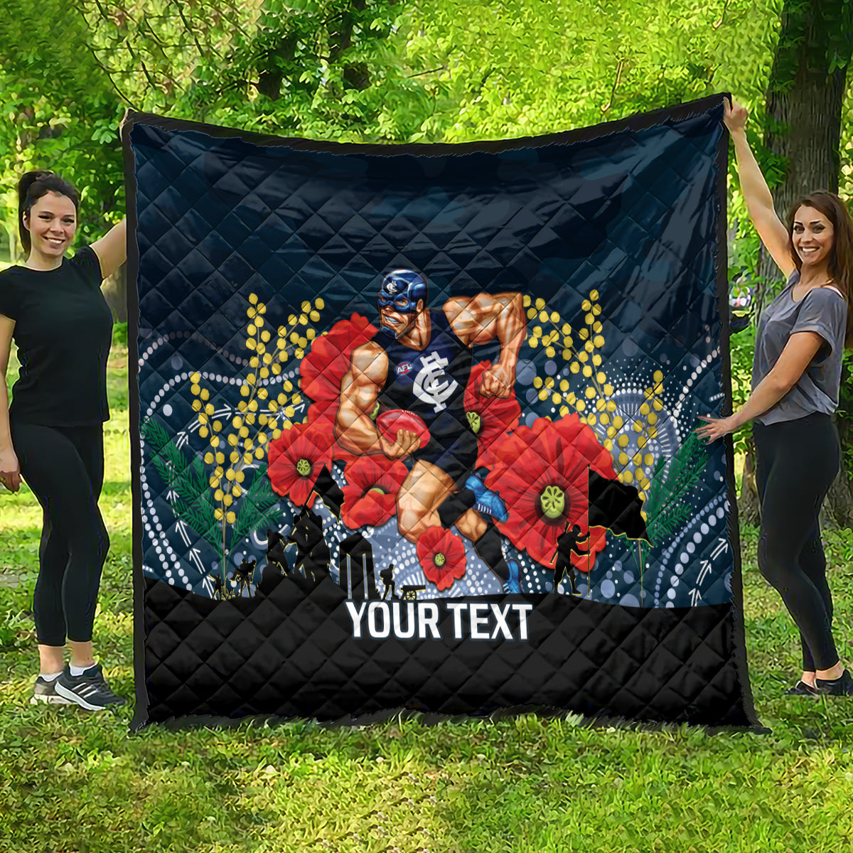 Custom Blues Football ANZAC Quilt Gallipoli Camouflage With Poppies
