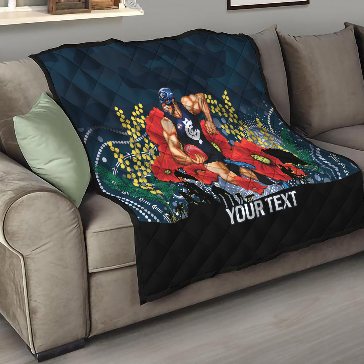 Custom Blues Football ANZAC Quilt Gallipoli Camouflage With Poppies