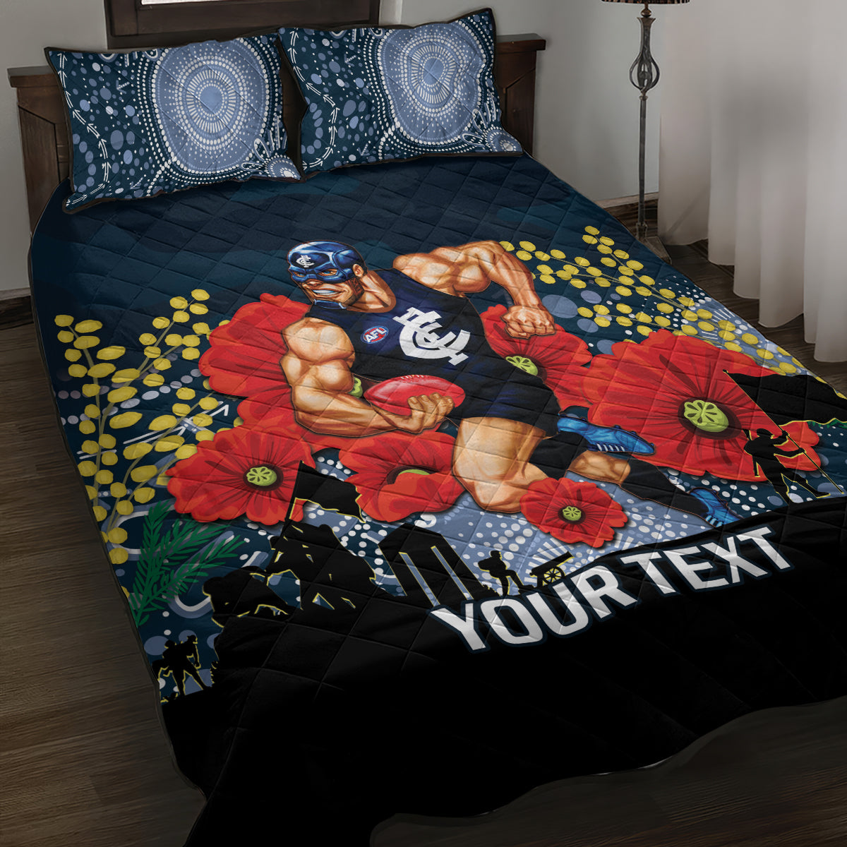 Custom Blues Football ANZAC Quilt Bed Set Gallipoli Camouflage With Poppies