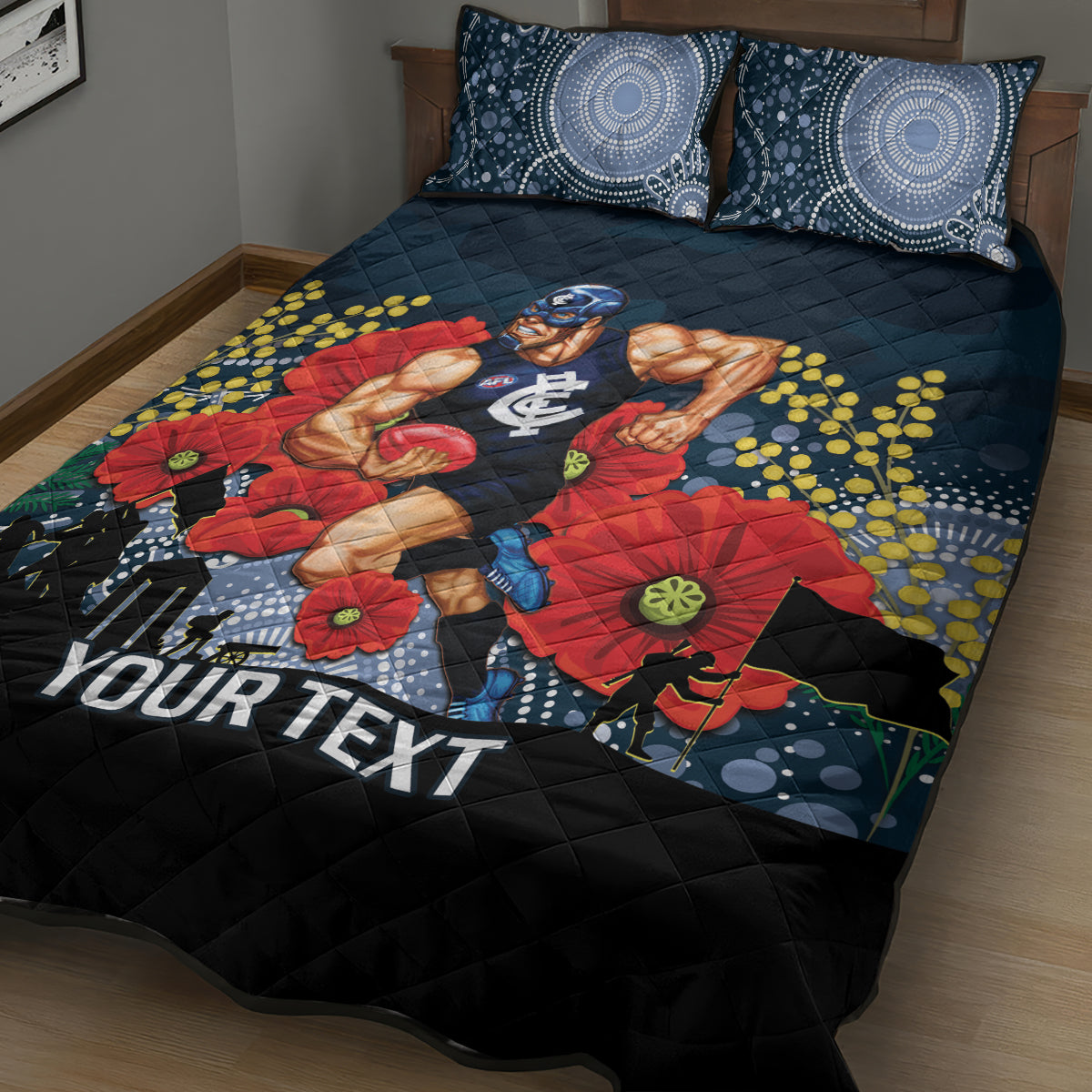 Custom Blues Football ANZAC Quilt Bed Set Gallipoli Camouflage With Poppies