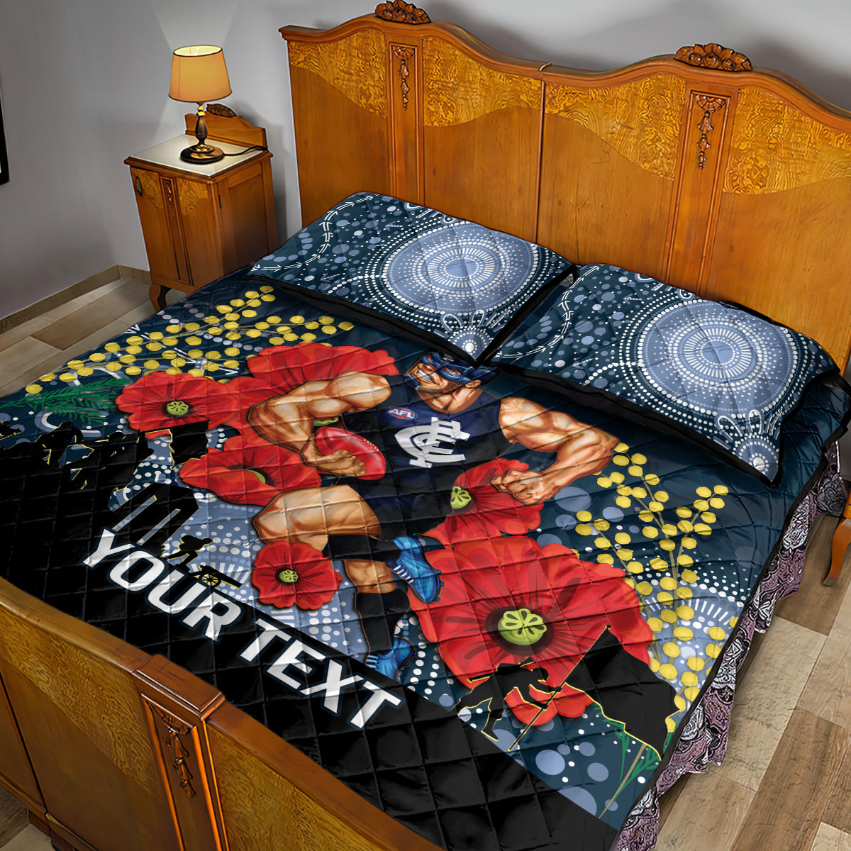 Custom Blues Football ANZAC Quilt Bed Set Gallipoli Camouflage With Poppies