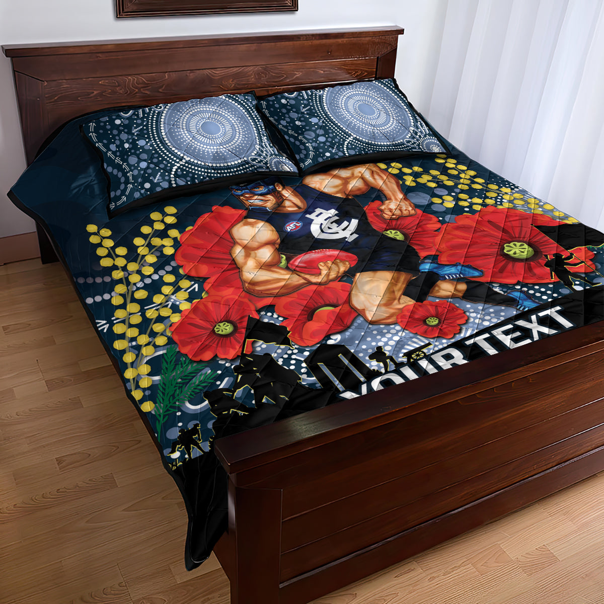 Custom Blues Football ANZAC Quilt Bed Set Gallipoli Camouflage With Poppies