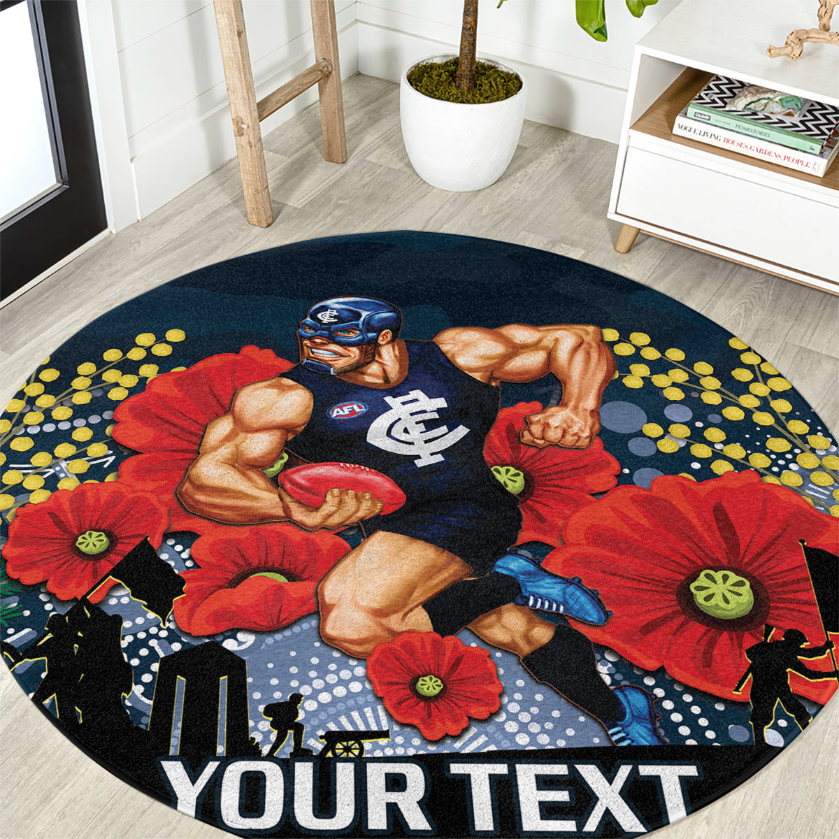 Custom Blues Football ANZAC Round Carpet Gallipoli Camouflage With Poppies