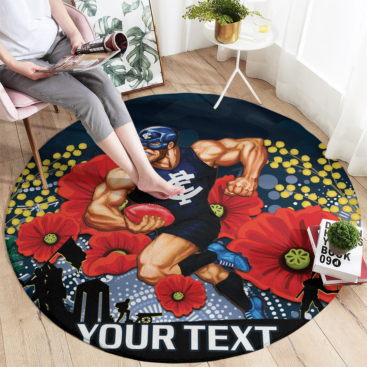 Custom Blues Football ANZAC Round Carpet Gallipoli Camouflage With Poppies