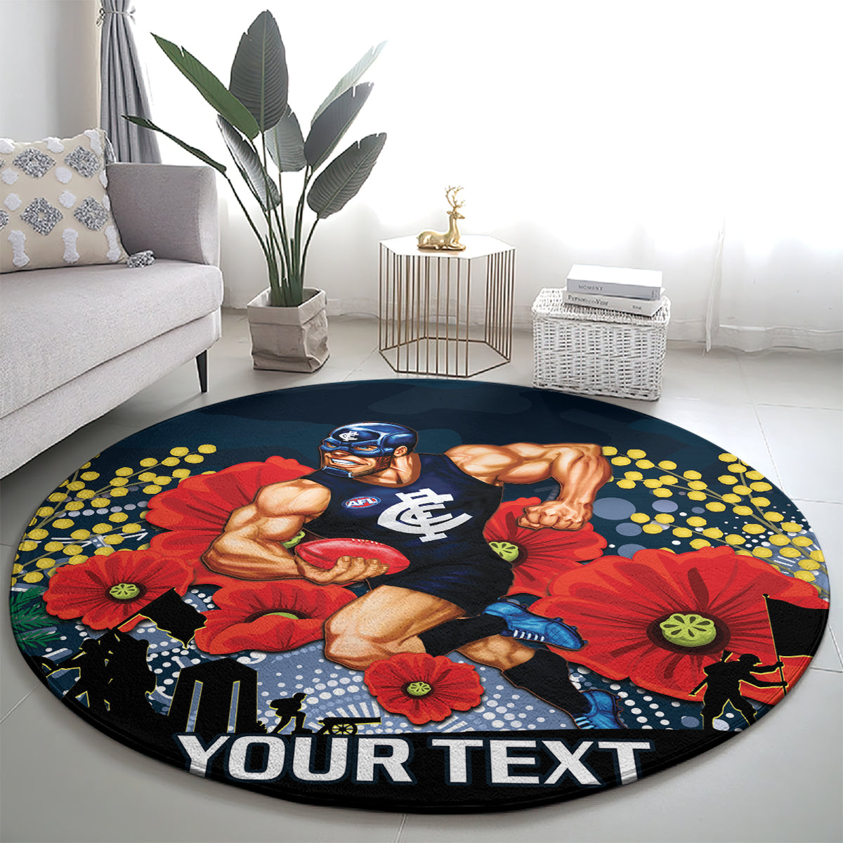 Custom Blues Football ANZAC Round Carpet Gallipoli Camouflage With Poppies