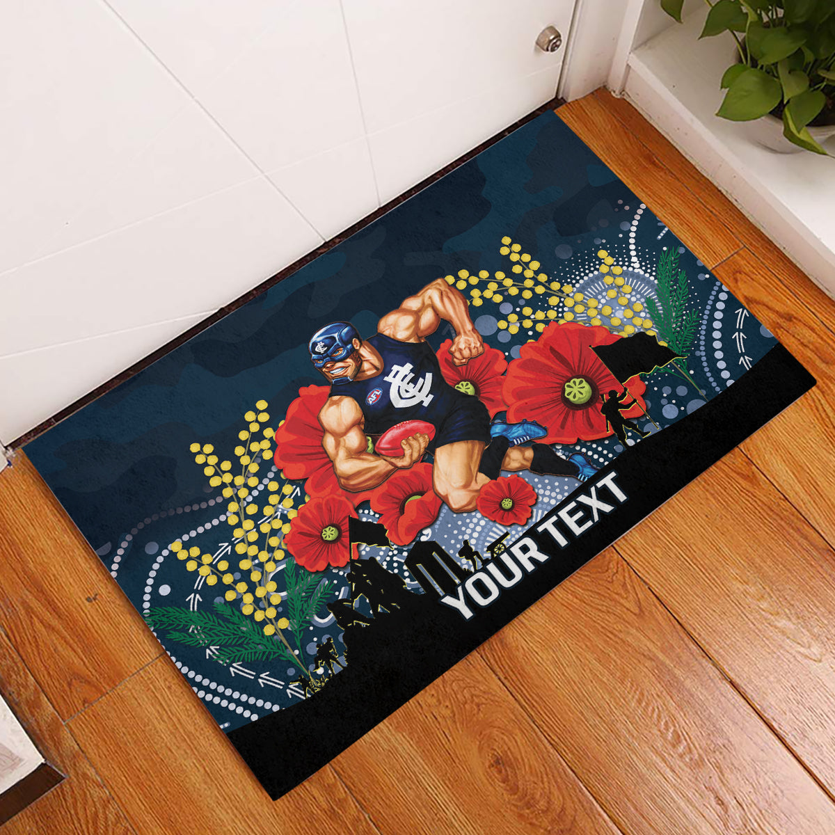 Custom Blues Football ANZAC Rubber Doormat Gallipoli Camouflage With Poppies