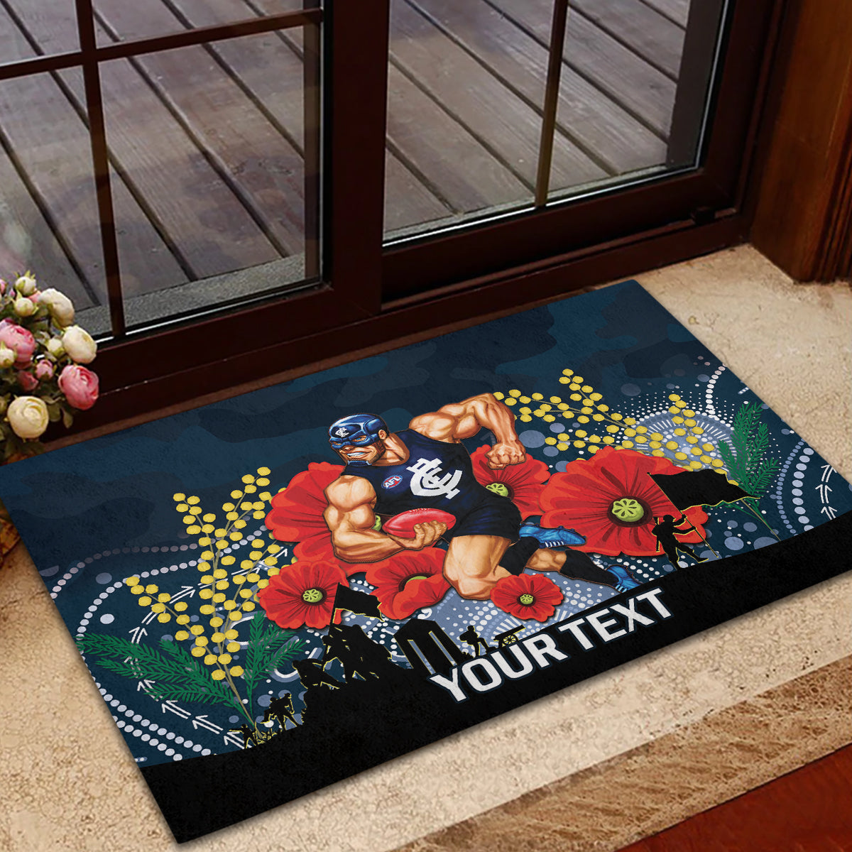 Custom Blues Football ANZAC Rubber Doormat Gallipoli Camouflage With Poppies