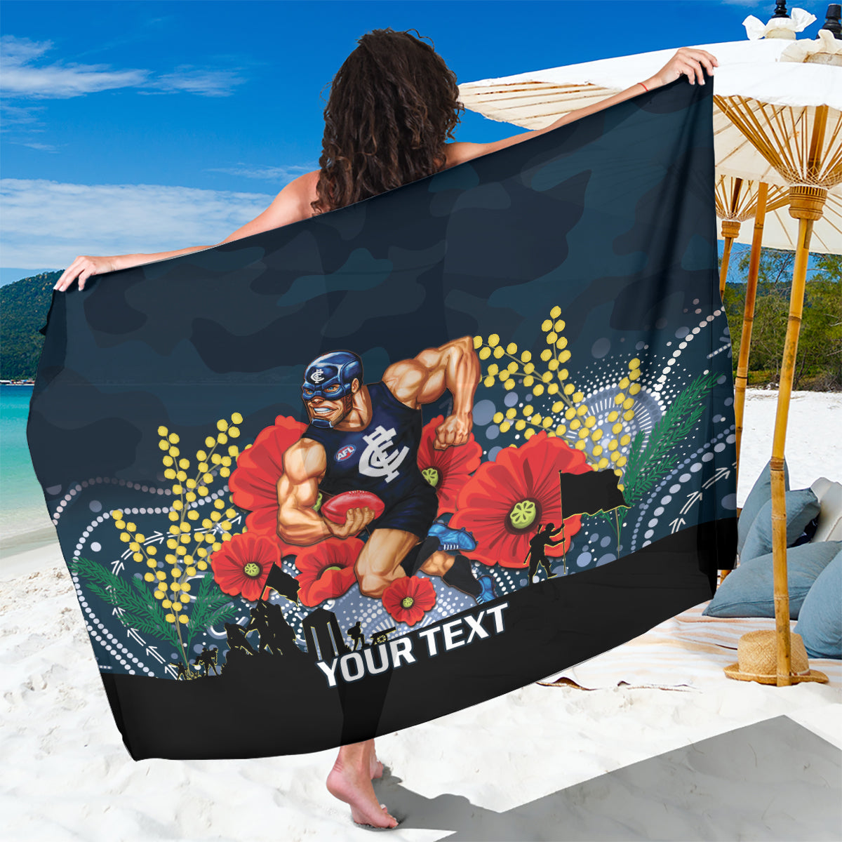 Custom Blues Football ANZAC Sarong Gallipoli Camouflage With Poppies