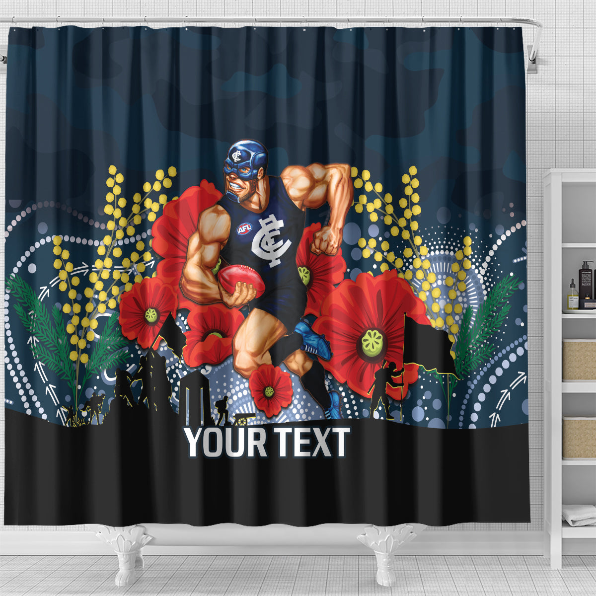 Custom Blues Football ANZAC Shower Curtain Gallipoli Camouflage With Poppies