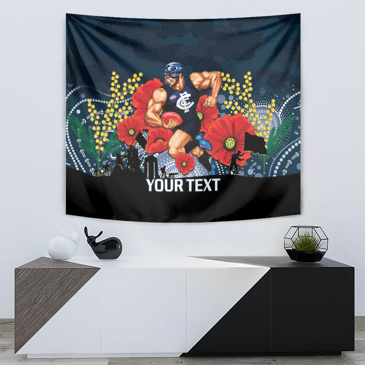 Custom Blues Football ANZAC Tapestry Gallipoli Camouflage With Poppies