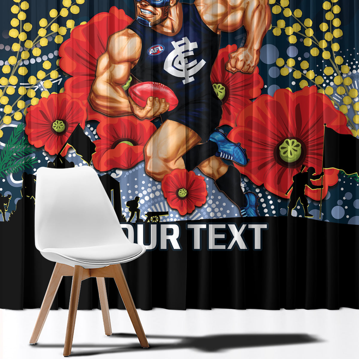 Custom Blues Football ANZAC Window Curtain Gallipoli Camouflage With Poppies