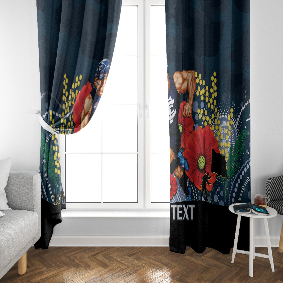 Custom Blues Football ANZAC Window Curtain Gallipoli Camouflage With Poppies