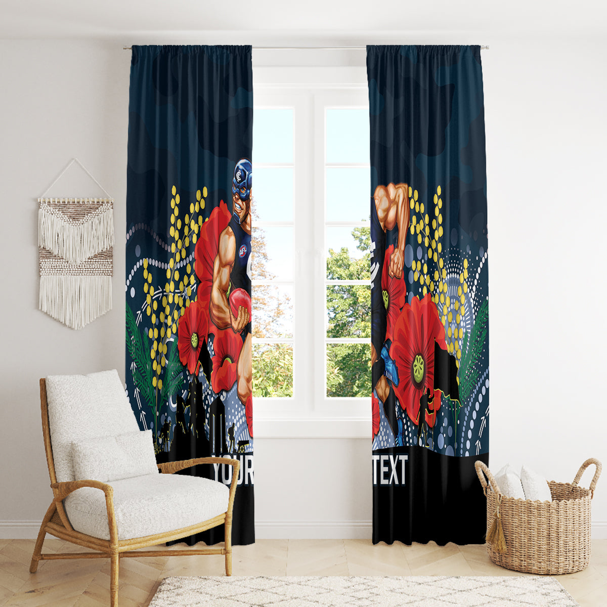 Custom Blues Football ANZAC Window Curtain Gallipoli Camouflage With Poppies