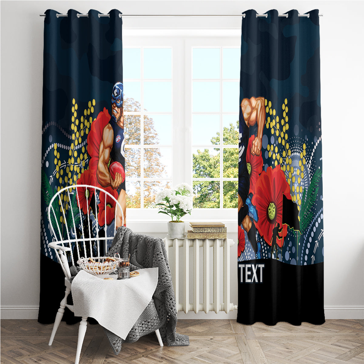 Custom Blues Football ANZAC Window Curtain Gallipoli Camouflage With Poppies