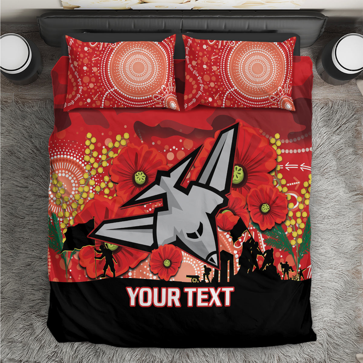 Custom Essendon Football ANZAC Bedding Set Gallipoli Camouflage With Poppies